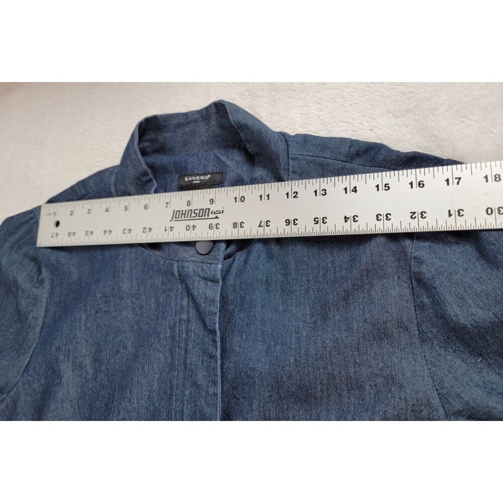 Sandro Women Zip Snap Up Chambray Jacket Size 1X Blue Drawstring Pockets Stretch - Picture 6 of 8